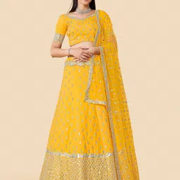 Fusionic Yellow & Gold Embroidered Mirror Work Semi Stitched Lehenga & Blouse With Dupatta-image-27