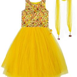 A T U N Girls Yellow & Red Embroidered Thread Work Ready to Wear Lehenga & Blouse With Dupatta-3