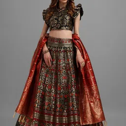 PURVAJA Black & Gold Woven Design Semi-Stitched Lehenga & Unstitched Choli With Dupatta-51