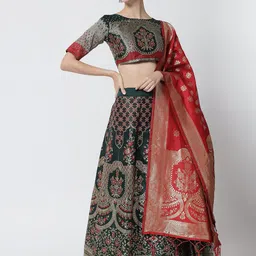 DIVASTRI Green & Red Banarasi Ready to Wear Lehenga & Unstitched Blouse With Dupatta-picture-30