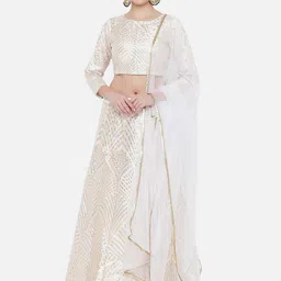 DIVASTRI Women White & Gold-Toned Woven Design Semi-Stitched Lehenga & Blouse with Dupatta-picture-31