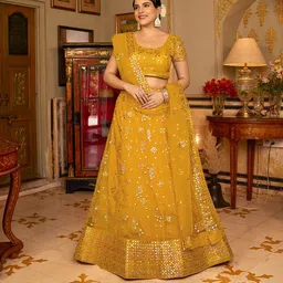 SHOPGARB Embroidered Sequinned Semi-Stitched Lehenga & Unstitched Blouse With Dupatta-picture-24