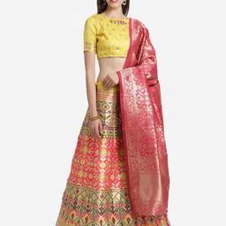 Mitera Yellow & Pink Semi-Stitched Lehenga & Unstitched Blouse With Dupatta-picture-11