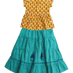My Little Lambs Girls Teal & Yellow Printed Ready to Wear Lehenga & Choli-picture-12