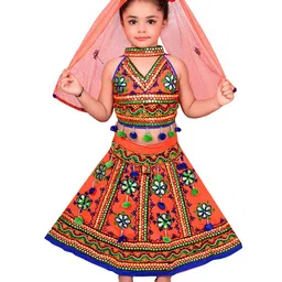 ahhaaaa Girls Orange & Blue Embroidered Ready to Wear Cotton Lehenga Choli With Dupatta-picture-19
