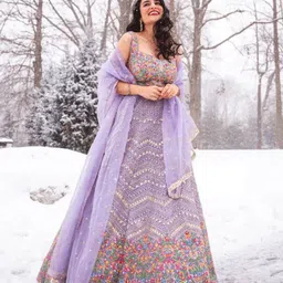 ODETTE Lavender Embellished Thread Work Semi-Stitched Lehenga & Unstitched Blouse With Dupatta-picture-32