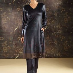 Lakshita Ethnic Motifs Printed V-Neck Beads and Stones Velvet Kurta with Trousers-image-18