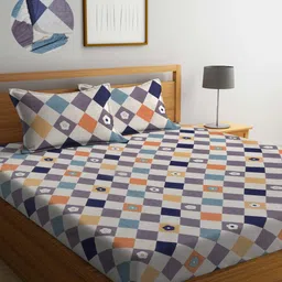 Arrabi White & Purple Geometric Polycotton 300 TC King Bedsheet With 2 Pillow Covers-image-16