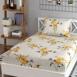 YaAkholic Cream-Coloured & Yellow Floral 220 TC Single Bedsheet with 1 Pillow Covers-picture-18