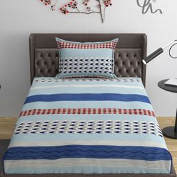 YaAkholic Blue & White Striped 210 TC Single Bedsheet with 1 Pillow Covers-image-79