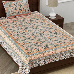 EasyGoods Green & Peach Floral Cotton 210 TC Single Bedsheet With 1 Pillow Cover-image-60