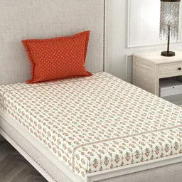 CHHAVI INDIA Cream-Coloured & Red Floral 210 TC Single Bedsheet with 1 Pillow Cover-image-8