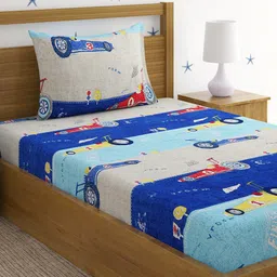 HOSTA HOMES Blue & Turquoise Blue Graphic 220 TC Single Bedsheet with 1 Pillow Covers-image-55