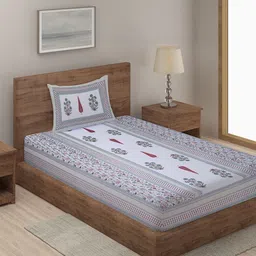 Rajasthan Decor White & Red 2 Pcs Cotton 144 TC Single Bedsheet & Pillow Covers-image-108