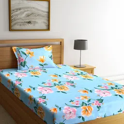 KLOTTHE Blue & Orange Floral Print 210 TC Cotton Single Bedsheet with 1 Pillow Cover-image-25