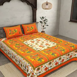 JAIPUR FABRIC Orange & White Ethnic Motifs 120 TC Cotton Queen Bedsheet with 2 Pillow Covers-picture-54