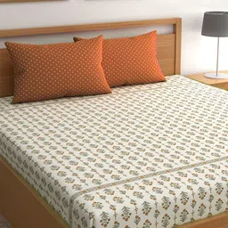 CHHAVI INDIA Cream-Coloured & Grey Floral 210 TC Queen Bedsheet with 2 Pillow Covers-image-51