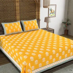 BLOCKS OF INDIA Yellow Ethnic Motifs Cotton 210 TC Super King Bedsheet & 2 Pillow Covers-image-98