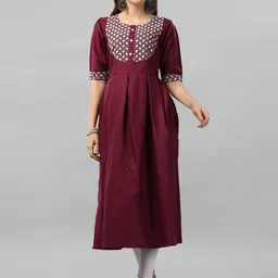 Kinjo Ethnic Motifs Yoke Design Thread Work Pleated Pure Cotton A-Line Kurta-picture-7
