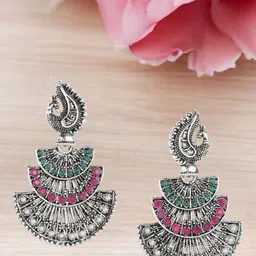 Sangria German Silver-Plated Rhinestone Studded Peacock Shaped Oxidized Drop Earrings-54