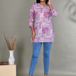 Kesarya Ethnic Motifs Printed V-Neck Pure Cotton Kurti-image-7