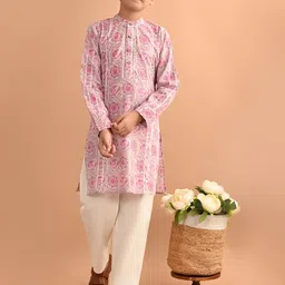 LilPicks Boys Floral Printed Band Collar Pure Cotton Straight Kurta with Trousers-26