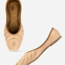 DESI COLOUR Women Peach-Coloured Embellished Leather Ethnic Ballerinas Flats-19