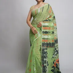 WoodenTant Lime Woven Design Silk Cotton Jamdani Saree-image-57