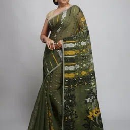 WoodenTant Ethnic Motifs Woven Design Zari Silk Cotton Jamdani Saree-picture-47