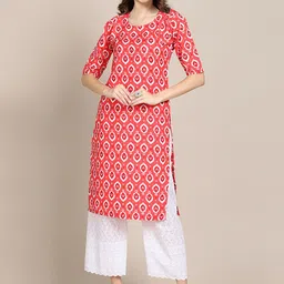 KALINI Women Orange & White Ethnic Motifs Printed Summer Sheers Crepe Kurta-image-24