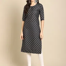 KALINI Women Black Geometric Checked Keyhole Neck Summer Sheers Crepe Kurta-image-78