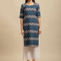 KALINI Chevron Ethnic Motifs Printed Round Neck Crepe Kurta-picture-4