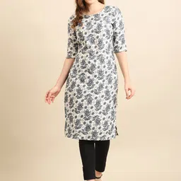 KALINI Women White & Grey Floral Printed Crepe Kurta-image-32
