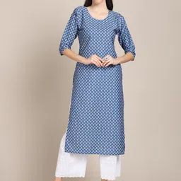 KALINI Women Blue & White Ethnic Motifs Checked Crepe Kurta-picture-15