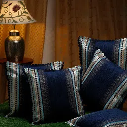 HOSTA HOMES Navy Blue & Beige Set of 5 Velvet Square Cushion Covers-14