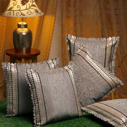 HOSTA HOMES Grey & Beige Set of 5 Velvet Square Cushion Covers-11