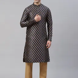 Readiprint Fashions Men Aubergine & Gold Jacquard Floral Straight Kurta with Pyjamas-image-16