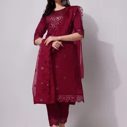 KALINI Floral Embroidered Mirror Work Chanderi Cotton Kurta With Trousers & Dupatta-12