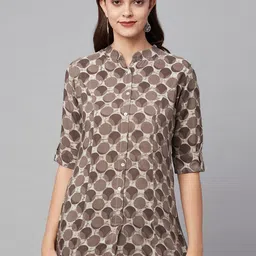 KALINI Geometric Printed Mandarin Collar Roll Up Sleeves Shirt Style Top-image-26