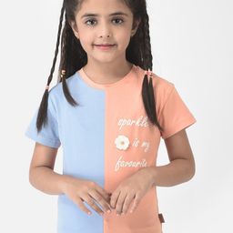 Crimsoune Club Girls Blue Cotton Colourblocked T-shirt-image-13