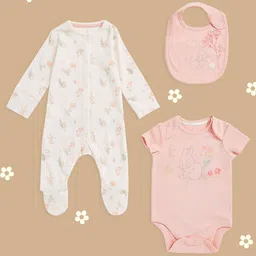 mothercare Girls Off White & Peach Pink Printed Pure Cotton Multipack Gift Set-57