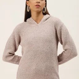 BROOWL Women Beige Hooded Woollen Pullover-image-44