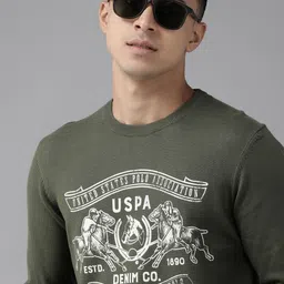U S Polo Assn Denim Co Men Olive Green Printed Pullover-image-7