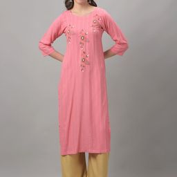 Dollar Missy Round Neck Floral Embroidered Beads And Stones Straight Cotton Kurta-image-57