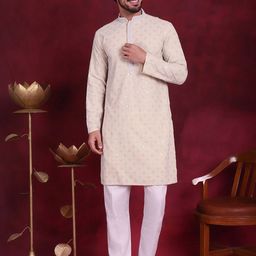 Jompers Geometric Embroidered Chikankari Mandarin Collar Pure Cotton Kurta With Pyjamas-image-102