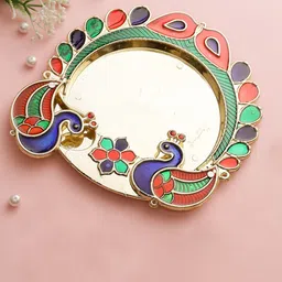 Aapno Rajasthan Gold-Toned & Green Peacock Design Pooja Thali-11