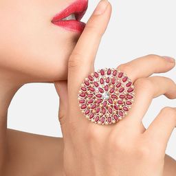Zaveri Pearls Women Gold-Plated Pink & white Stone Studded Floral Traditional Wedding Finger Ring-6