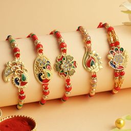 Aapno Rajasthan Set Of 5 Stone Studded & Beaded Rakhis with Roli Chawal & Greetings Card-image-36