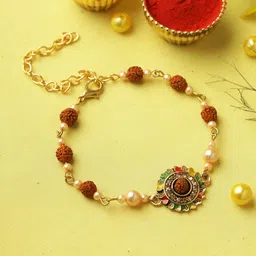 Aapno Rajasthan Rudraksh Bracelet Rakhi With Roli Chawal & Greetings Card-40