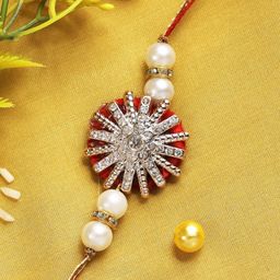 Aapno Rajasthan Red & Golden Embellished Floral Rakhi with Roli Chawal & Greetings Card-image-99